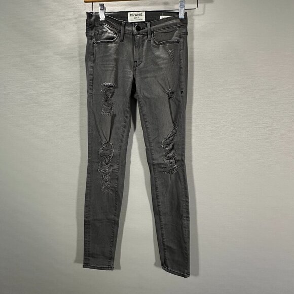 Frame Denim Jeans Women s24 Skinny Gray Cotton Stretch Distressed Pockets - Picture 1 of 11